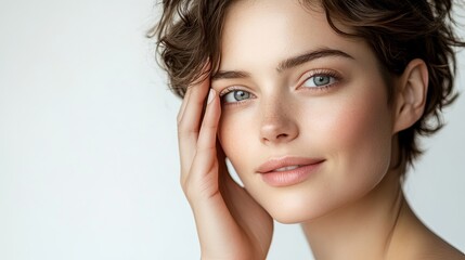 Fototapeta premium A close-up portrait of a beautiful young woman with short brunette hair gently touching her face, and a serene expression, showcasing natural beauty and elegance and tranquility, professional studio p