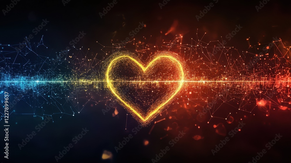 Poster plexus effect creating a glowing heart shape connecting two digital worlds with blue and red particl