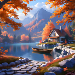 Obraz premium Autumn Haven: A Serene Lakeside Retreat Amidst Vibrant Foliage, a Cozy House and Mountain Views