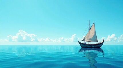 Obraz premium Serene sailboat journey across tranquil ocean waters under a vibrant blue sky with fluffy clouds