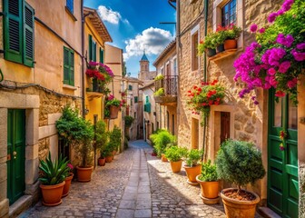 Felanitx, Majorca: Charming Mediterranean Old Town Street Scene with High Depth of Field