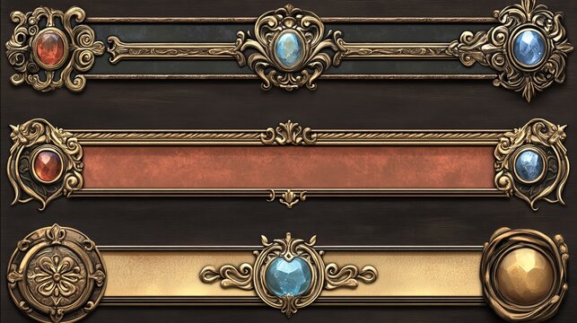 Game frames, bronze, gold and silver horizontal borders with ornate rims, gems. Ui level plaques evolution from simple to luxury. Isolated cartoon graphic gui elements for rpg, mmo or app, Vector set