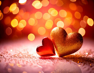 Fototapeta premium Romantic golden hearts with sparkling glitter and red tones