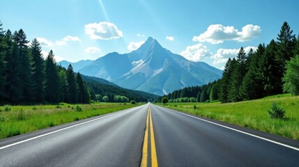 Fototapeta premium Asphalt ribbon unwinding towards majestic, snow-capped peak, flanked by verdant meadows and towering evergreen forests under a brilliant summer sky