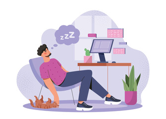 Obraz premium A man naps in a chair near a desk with a computer, surrounded by plants and a playful cat, in a cozy home office setting. Concept of relaxation and work-life balance. Vector illustration