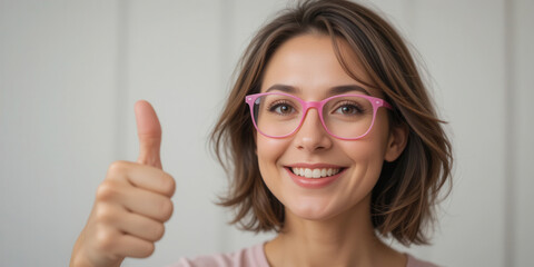 A 35-40 years old woman with short brown hair and pink-framed glasses is smiling brightly while giving a thumbs-up. Soft grey background. Optics concept.