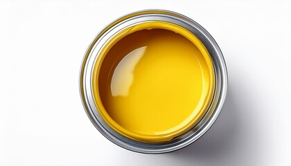 top view of a newly opened paint bucket filled with yellow paint isolated on a white white background
