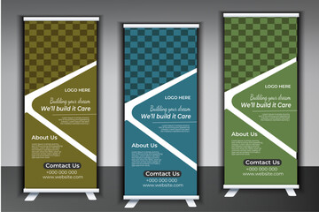 Corporate business roll up banner design template. Modern Business Roll Up Banner. Professional Unique Corporate Roll Up Banner Signage Standee Template for Multipurpose Use with Three Color Variation