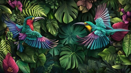 Two Vibrant Birds Soaring Amid Lush Tropical Foliage