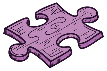 Purple jigsaw puzzle piece, vibrant violet color, single puzzle piece, textured surface, detailed wood grain, close-up photography, crisp edges, isolated on white background, 3D rendering, high contra