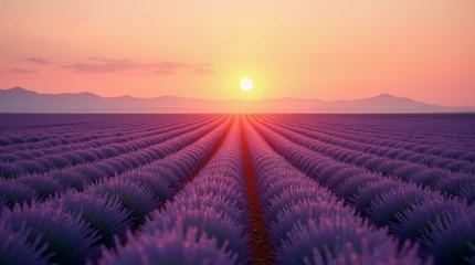Fototapeten Endless rows of lavender fields stretching into the horizon, with a warm orange sunset © Melissa