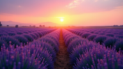 Endless rows of lavender fields stretching into the horizon, with a warm orange sunset