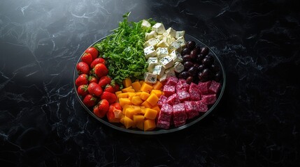 plate with food on black table. Berries vegetables cheese greens and sausages sliced ​​in plate. Tasty restaurant chef snack