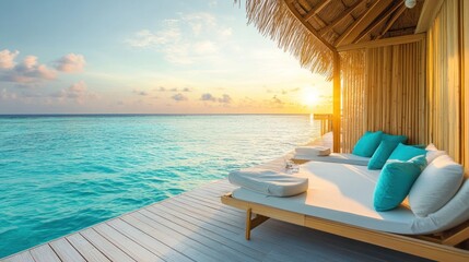 Obraz premium Tranquil Sunset Overwater Bungalow Relaxation
