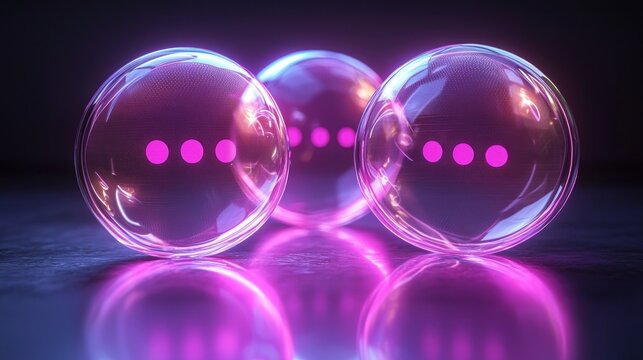 Glowing spheres, loading dots, dark studio, reflection, tech concept