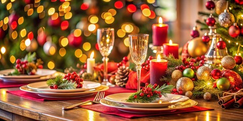 Festive Christmas Table Setting with Decorated Tree Background - Copy Space Left