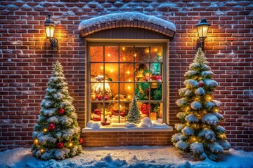 Fototapeta premium Festive Christmas Window Display in Rustic Brick Building - Aerial Drone Shot