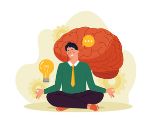 A man meditating in a cross-legged pose, with a brain and gears in the background, symbolizing mental clarity and creativity. Vector illustration