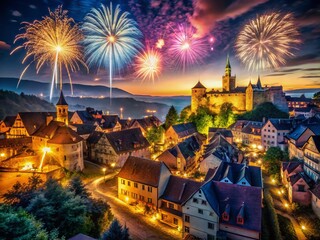 Naklejka premium Festive Fireworks Over Medieval City: Urban Exploration Photography