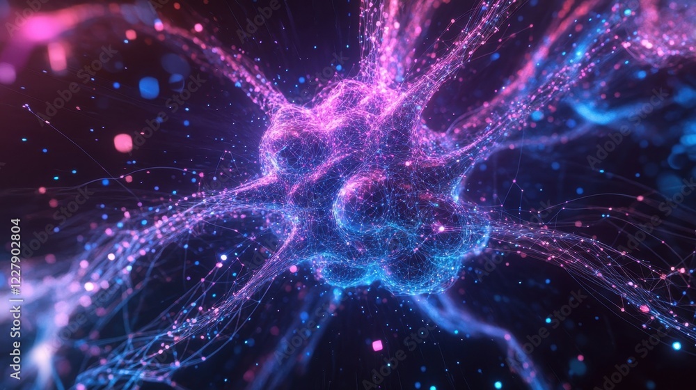 Poster complex glowing neuron is sending signals through neural network, forming connections and transmitti