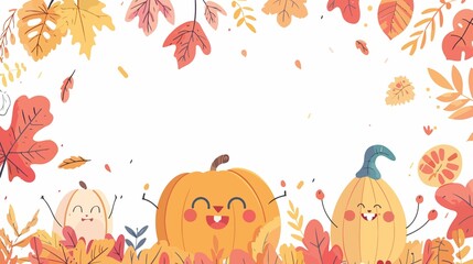Autumn Pumpkin with Leaves and Cute Happy Characters Isolated on White Background