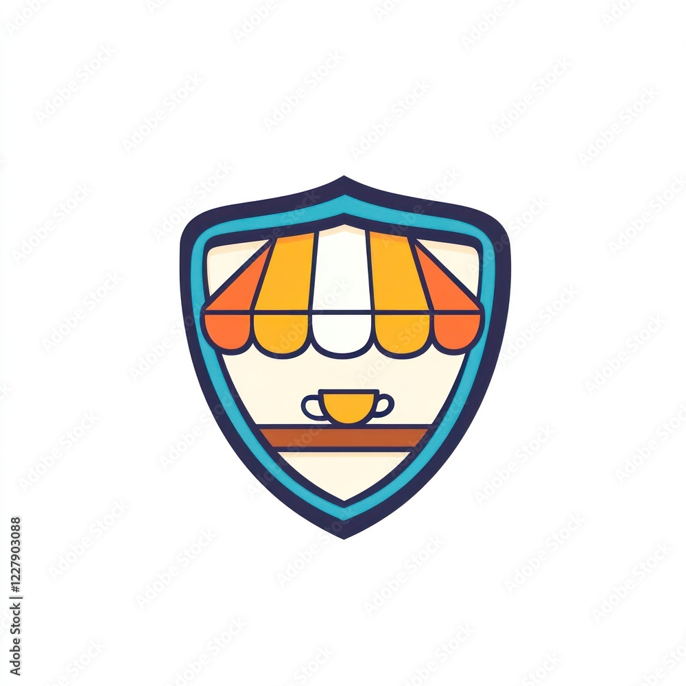 Aufkleber coffee shop icon with a cup on a shelf in a shield shape with awning, for web use