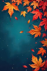 Autumnal foliage descent against a deep teal backdrop, showcasing vibrant red and orange maple leaves falling gracefully