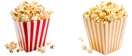 set of red & yellow striped boxes with popcorn isolated over transparent (white) background
