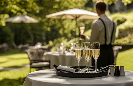 Waiter holding three glasses of champagne on wedding table with grass background - Powered by Adobe