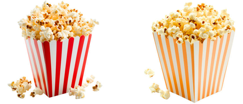 set of red & yellow striped boxes with popcorn isolated over transparent (white) background