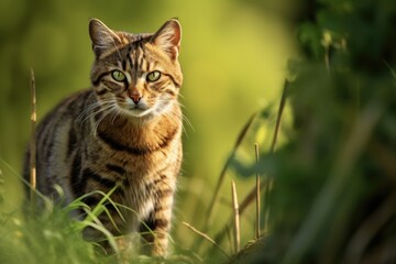 European Wildcat Felis Silvestris Looking Behind Over Shoulder in Summer. Elegant Predator on Meadow with Green Copy Space in National Park of Romania, Europe