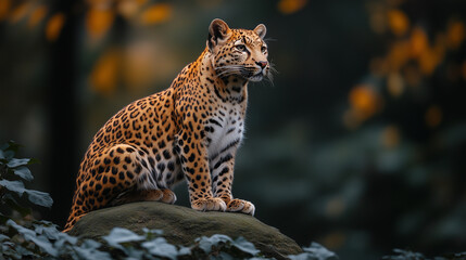 Arabian leopard sits perched on a rock gazing off to the side