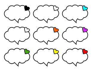Speech bubble icons set, with multicolored hearts built into its border, sticker, print, cartoon, card, valentine day design