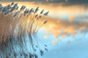 A serene marshland with reeds swaying in the breeze and a soft golden sunset reflecting on the still waters