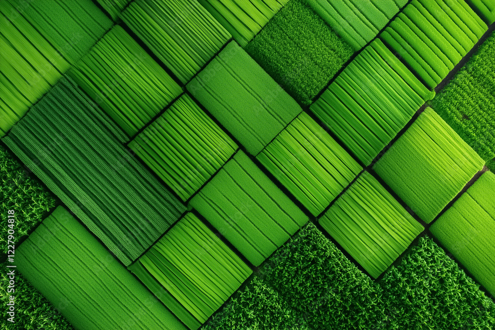 Poster brightly lit geometric green fields are arranged in a neat pattern, creating an organized agricultur