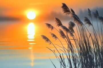 A serene marshland with reeds swaying in the breeze and a soft golden sunset reflecting on the still waters