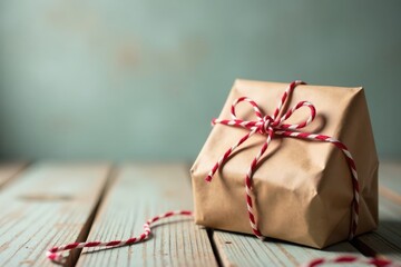 A simply wrapped gift box sits on a rustic wooden surface, tied with a festive red and white baker's twine bow.