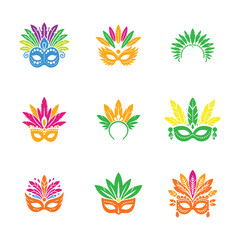 set of bundle brazilian carnaval with feather.  Festive confetti, masks, latin dancers, feathers and maracas.  Entertainment event of Rio carnaval.