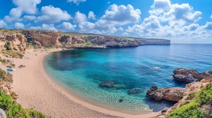 Fototapeta premium Realistic sea or ocean beach background with sand, water and clouds on sky. Panoramic vector illustration of horizon and shore with sandy texture. Tropical landscape with coastline for summer vacation