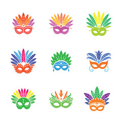 Fototapeta premium set of bundle brazilian carnaval with feather. Festive confetti, masks, latin dancers, feathers and maracas. Entertainment event of Rio carnaval.