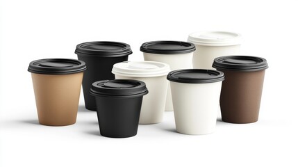 Paper coffee to go cup with plastic cap and shadow on transparent background. Realistic 3d vector illustration set of white, black and brown takeaway mug mockup for hot drink. Disposable container.