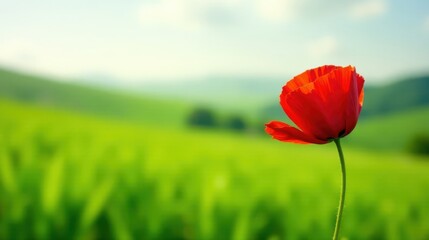 Obraz premium A vibrant red poppy stands tall in a field of lush green, a solitary bloom against a softly blurred background of rolling hills under a tranquil sky.