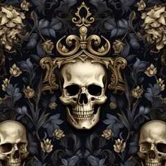 Fototapeta premium Floral Royal Skull Damask: Dark Art for Kings and Queens depicting a Skull adorned with a Crown in a Damask Frame