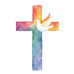Colorful watercolor Christian cross with dove of peace isolated on transparent background