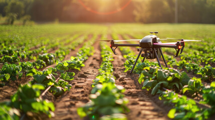 A drone in a field of crops.