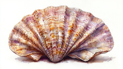 A detailed watercolor illustration of a scallop shell showcasing its textures.
