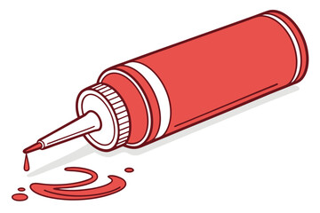 Red plastic squeeze bottle, ketchup dispenser, condiment container, vibrant color, simple design, kitchen utensil, food packaging, white background, product photography, clean lines, cylindrical shape