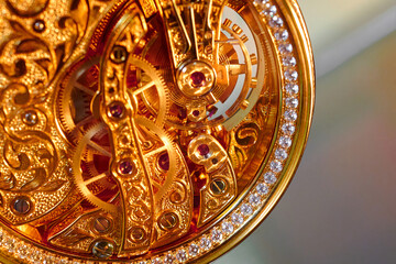 Intricate dance of golden gears captured in macro detail revealing the artistry of jewelry watch mechanisms