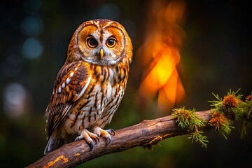 Flammulated Owl Perched on Branch, Night Wildlife Photography, Copy Space Left