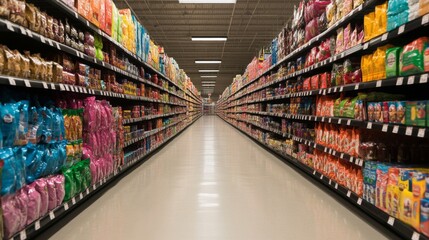 Supermarket aisle with colorful packaged food products on shelves.